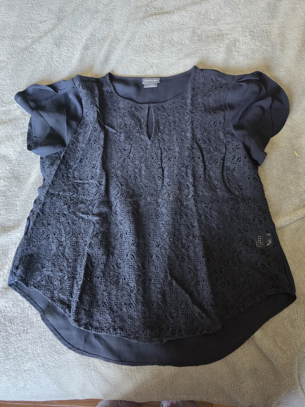 Van Heusen Navy Lace Short Sleeve Keyhole Top